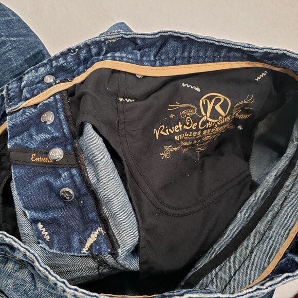 Rivet De Cru Jeans Mens 38 Blue Denim Straight Leg Button Fly Distressed Grunge - Picture 16 of 16